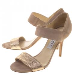 Pre Owned Jimmy Choo Beige Suede and Glitter Tesoro Strap Sandals Size 39