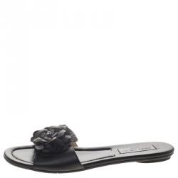 Pre Owned Jimmy Choo Black Leather Neave Floral Appliqué Slides Size 40