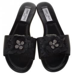 Pre Owned Jimmy Choo Black Leather Neave Floral Appliqué Slides Size 40