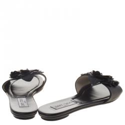 Pre Owned Jimmy Choo Black Leather Neave Floral Appliqué Slides Size 40