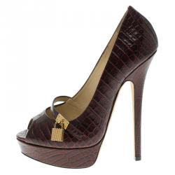 Pre Owned Jimmy Choo Bordeaux Croc Embossed Leather Lock Peep Toe Platform Pumps Size 37
