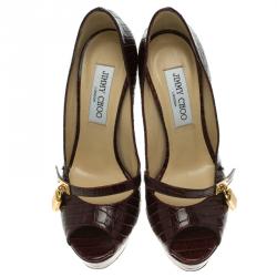 Pre Owned Jimmy Choo Bordeaux Croc Embossed Leather Lock Peep Toe Platform Pumps Size 37