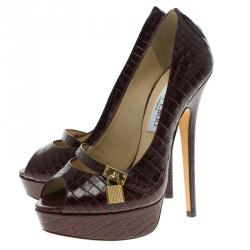 Pre Owned Jimmy Choo Bordeaux Croc Embossed Leather Lock Peep Toe Platform Pumps Size 37