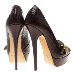 Pre Owned Jimmy Choo Bordeaux Croc Embossed Leather Lock Peep Toe Platform Pumps Size 37