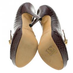 Pre Owned Jimmy Choo Bordeaux Croc Embossed Leather Lock Peep Toe Platform Pumps Size 37