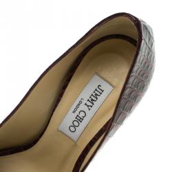 Pre Owned Jimmy Choo Bordeaux Croc Embossed Leather Lock Peep Toe Platform Pumps Size 37