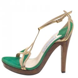 مملوكة مسبقًا صندل جيمي تشو بفتحة كعب شريط T جلد وسويدي لونين مقاس 38