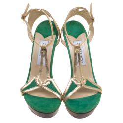 مملوكة مسبقًا صندل جيمي تشو بفتحة كعب شريط T جلد وسويدي لونين مقاس 38