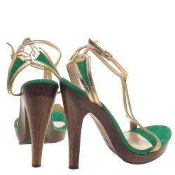 مملوكة مسبقًا صندل جيمي تشو بفتحة كعب شريط T جلد وسويدي لونين مقاس 38