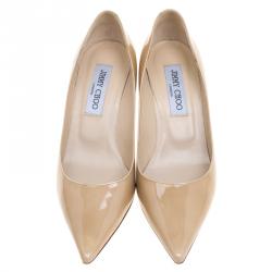 Pre Owned Jimmy Choo Beige Patent Leather Aurora Pointed Toe Pumps Size 37