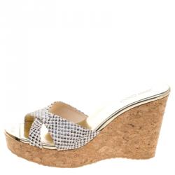 Pre Owned Jimmy Choo Cream Python Embossed  Prima Cork Wedge Sandals Size 37.5