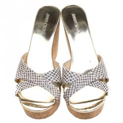Pre Owned Jimmy Choo Cream Python Embossed  Prima Cork Wedge Sandals Size 37.5