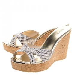Pre Owned Jimmy Choo Cream Python Embossed  Prima Cork Wedge Sandals Size 37.5