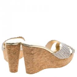 Pre Owned Jimmy Choo Cream Python Embossed  Prima Cork Wedge Sandals Size 37.5