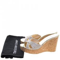 Pre Owned Jimmy Choo Cream Python Embossed  Prima Cork Wedge Sandals Size 37.5