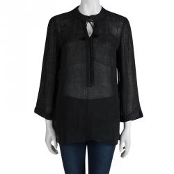 Pre Owned Joseph Black Linen Mandarin Collar Long Sleeve Blouse M