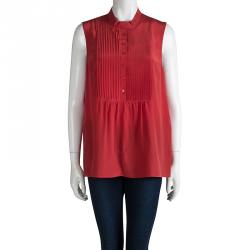 Pre Owned Joseph Red Silk Pintucked Sleeveless Blouse M