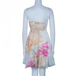 Pre Owned Just Cavalli Ivory Watercolor Print Silk Sleeveless Dress L