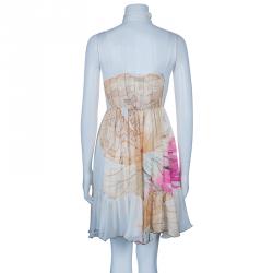 Pre Owned Just Cavalli Ivory Watercolor Print Silk Sleeveless Dress L