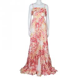 Pre Owned فستان ماكسي جاست كافالي قطن مورد أحمر وأصفر M