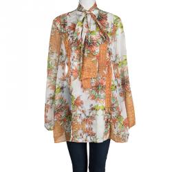 Pre Owned Just Cavalli Multicolor Floral Printed Long Sleeve Neck Tie Detail Blouse L