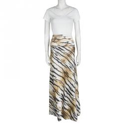 Pre Owned Just Cavalli Tiger Printed Satin Flared Godet Maxi Skirt L