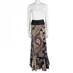 Pre Owned Just Cavalli Multicolor Printed Satin Ruffle Bottom Maxi Skirt M