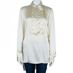 Pre Owned Just Cavalli Cream Silk Satin Long Sleeve Top L