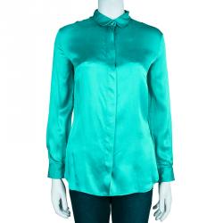Pre Owned Just Cavalli Green Silk Long Sleeve Top L