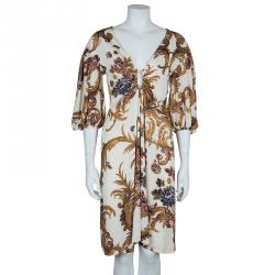 Pre Owned Just Cavalli Cream Baroque Print Dress L