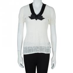 Pre Owned Just Cavalli White Knit Bow Detail Short Sleeve Top M