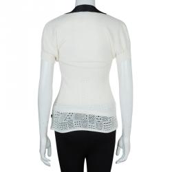 Pre Owned Just Cavalli White Knit Bow Detail Short Sleeve Top M