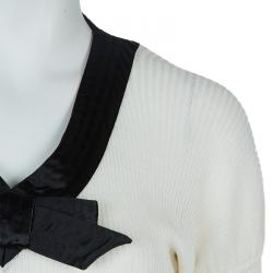 Pre Owned Just Cavalli White Knit Bow Detail Short Sleeve Top M