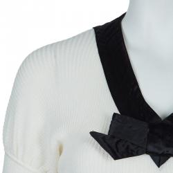 Pre Owned Just Cavalli White Knit Bow Detail Short Sleeve Top M