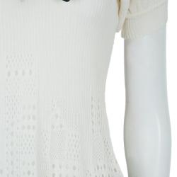 Pre Owned Just Cavalli White Knit Bow Detail Short Sleeve Top M