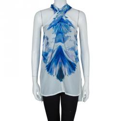 Pre Owned Just Cavalli Blue Printed Sheer Silk Bow Detail Sleeveless Top M