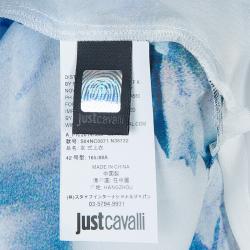 Pre Owned Just Cavalli Blue Printed Sheer Silk Bow Detail Sleeveless Top M