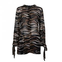 Pre Owned Just Cavalli Animal Print Studded Neck Detail Long Sleeve Blouse L