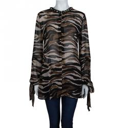 Pre Owned Just Cavalli Animal Print Studded Neck Detail Long Sleeve Blouse L