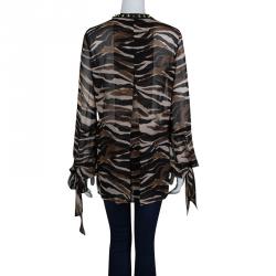 Pre Owned Just Cavalli Animal Print Studded Neck Detail Long Sleeve Blouse L