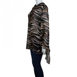 Pre Owned Just Cavalli Animal Print Studded Neck Detail Long Sleeve Blouse L