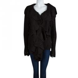 Pre Owned Just Cavalli Brown Chunky Knit Ruffle Detail Cardigan M