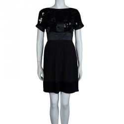 Pre Owned Just Cavalli Black Silk Paillette Embellished Pleated Short Sleeve Dress M