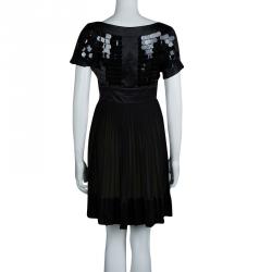 Pre Owned Just Cavalli Black Silk Paillette Embellished Pleated Short Sleeve Dress M