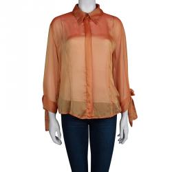 Pre Owned Just Cavalli Orange Crinkled Chiffon Long Sleeve Sheer Blouse L