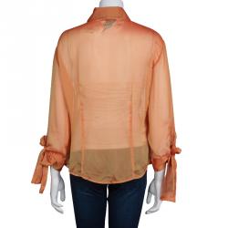 Pre Owned Just Cavalli Orange Crinkled Chiffon Long Sleeve Sheer Blouse L