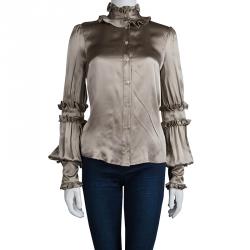 Pre Owned Just Cavalli Beige Satin Ruffle Detail Long Sleeve Shirt S