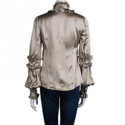 Pre Owned Just Cavalli Beige Satin Ruffle Detail Long Sleeve Shirt S