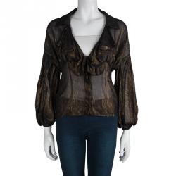 Pre Owned Just Cavalli Metallic Printed Silk Ruffle Detail Sheer Blouse XL