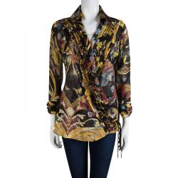 Pre Owned Just Cavalli Black Floral Printed Ruffle Detail Wrap Top M